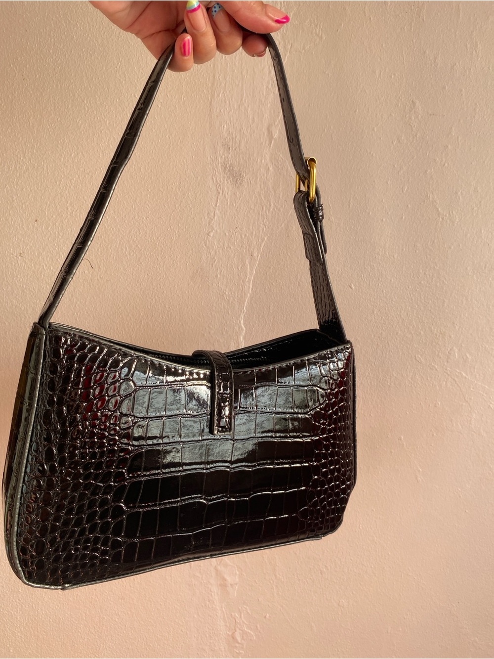 Black Croc-Embossed Shoulder Bag